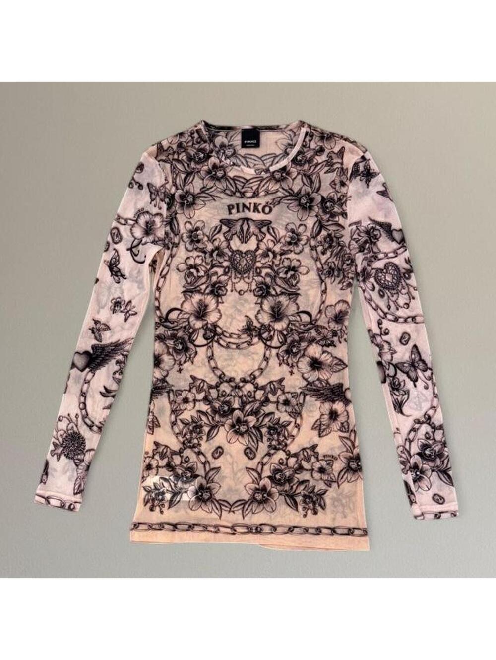 Y2K Pinko tattoo print mesh shirt